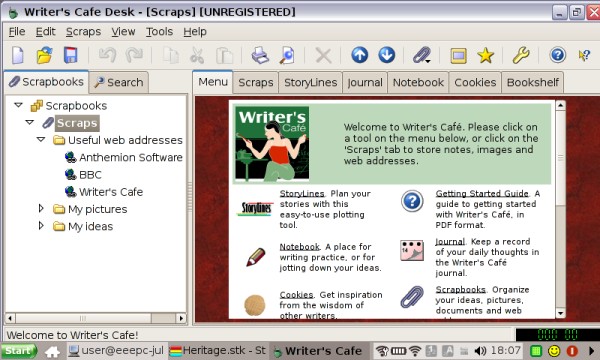Writer's Café running on the Eee PC