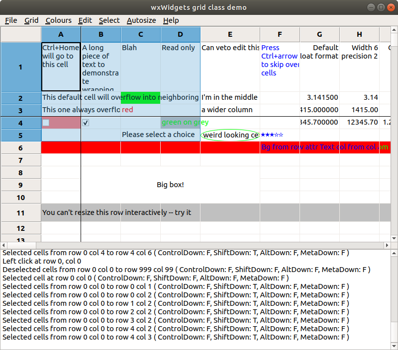 Screenshot of wxGrid using overlay selection under Linux