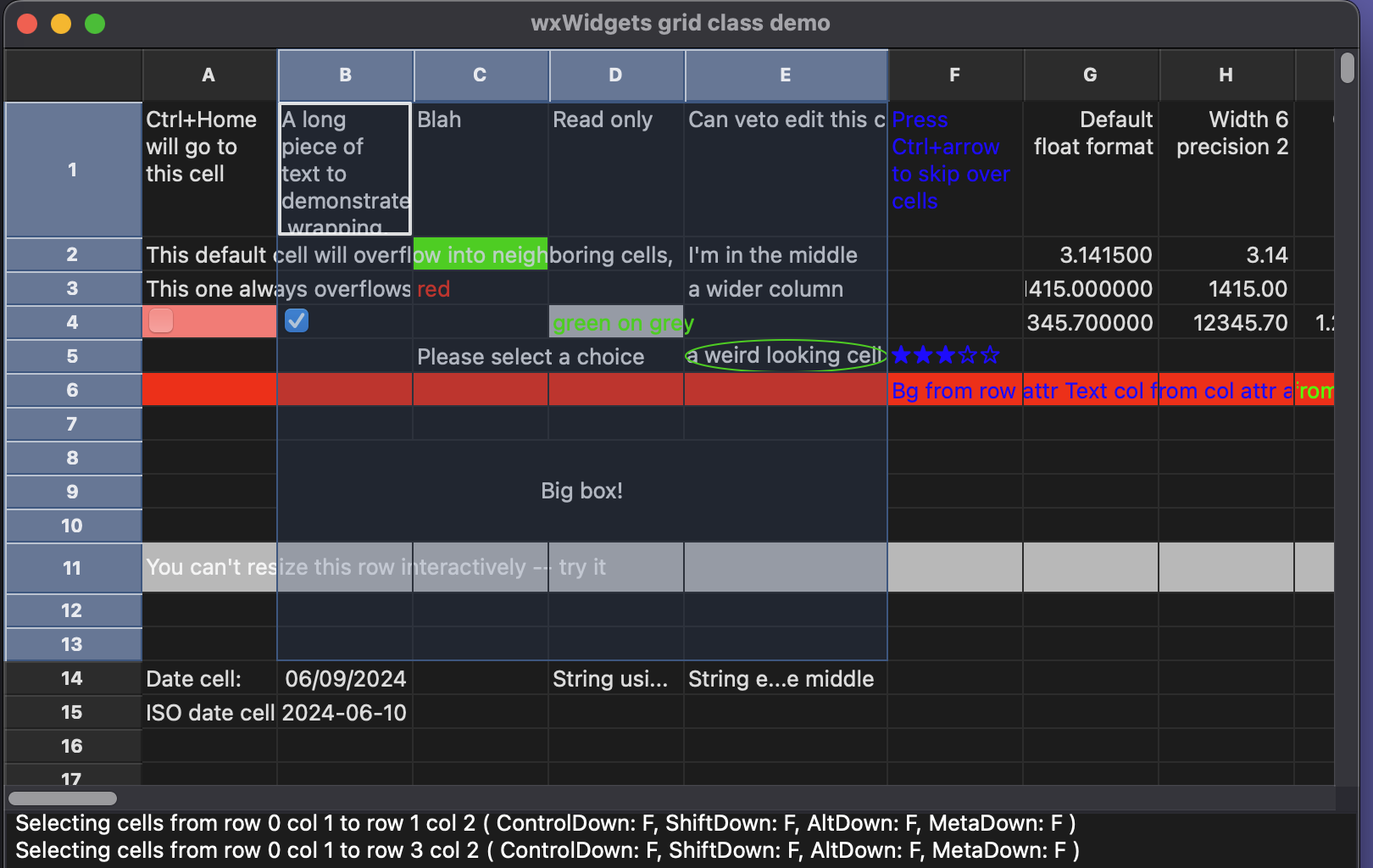 Screenshot of wxGrid using overlay selection under macOS